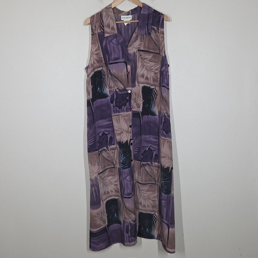 Vtg 90s Dark Floral Purple Button Up Midi Dress Sleeveless 18 Fairy Grunge Boho